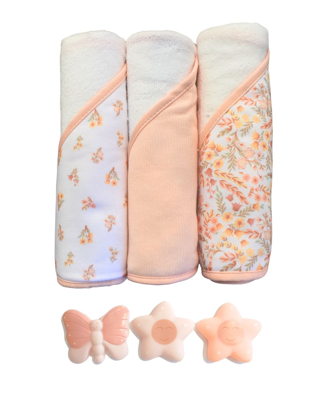 6PK Set de baño Chick Pea: 3 toallas y 3 juguetes de baño multicolor para niña (corregir foto)