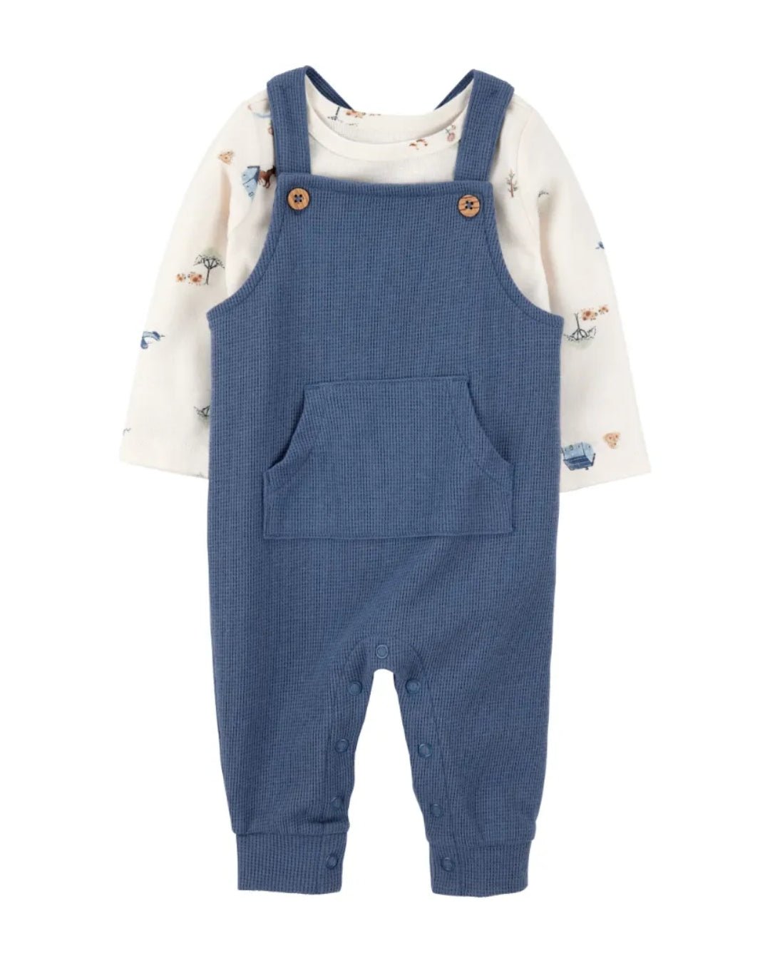 Conjunto Carters 2 piezas: overol con bolsa al frente y camisa manga larga, diseño de granja multicolor para niño