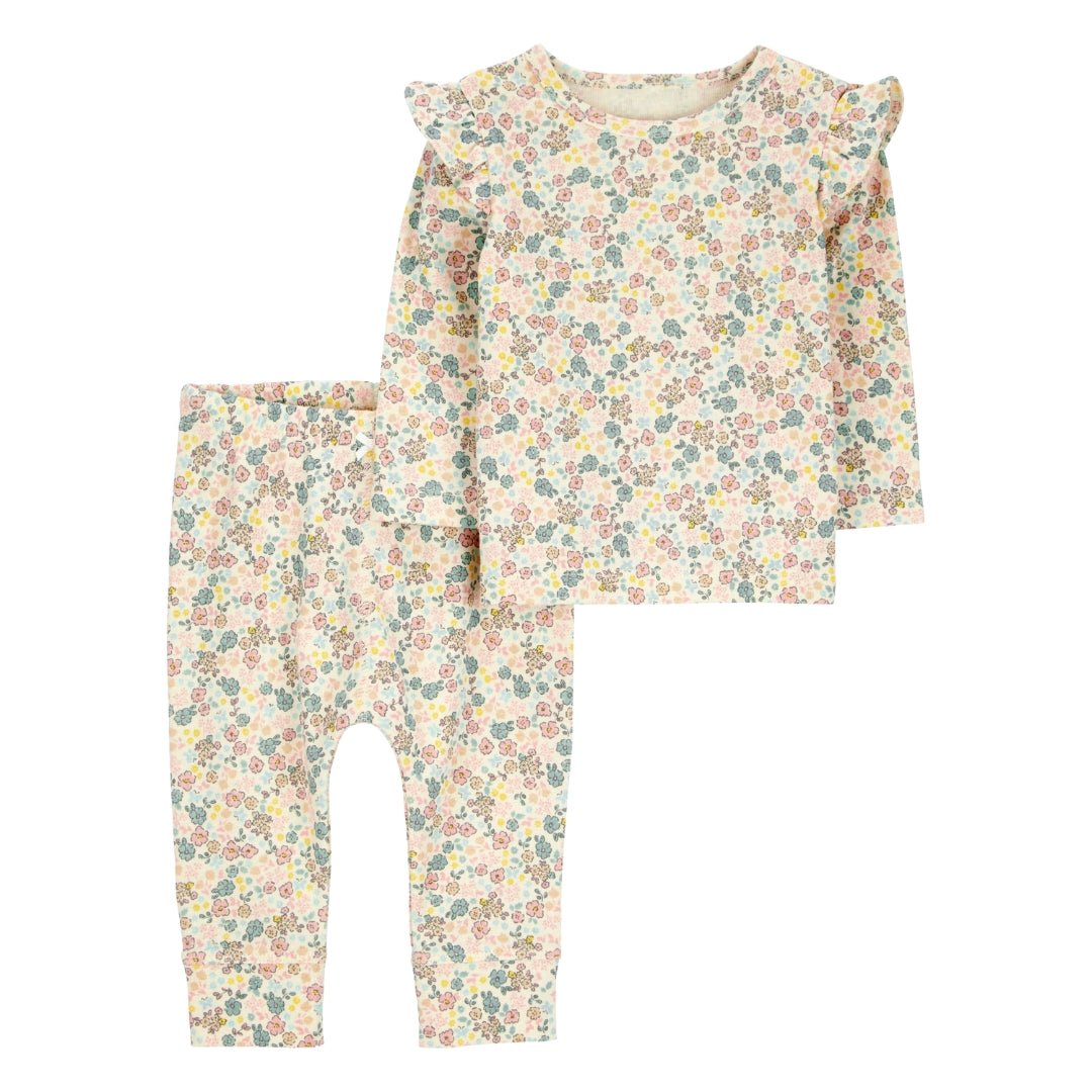 Conjunto Carters 2 piezas: pantalón y blusa manga larga con vuelitos en los hombros de algodón floral para niña